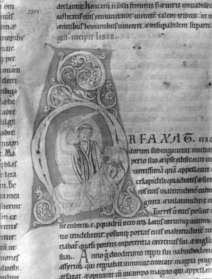 Bibel aus dem Augsburger Dom — Initiale A (rfaxat), darin Judith, dem Holofernes das Haupt abschlagend, Folio 121verso