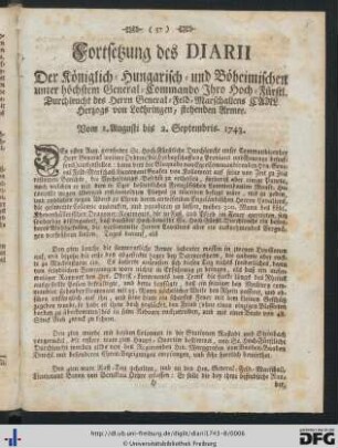 Fortsetzung des Diarii ... Vom 1. Augusti bis 2. Septembris 1743.