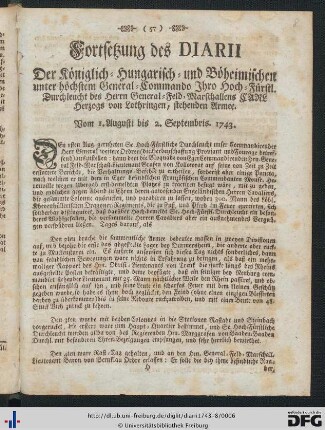Fortsetzung des Diarii ... Vom 1. Augusti bis 2. Septembris 1743.
