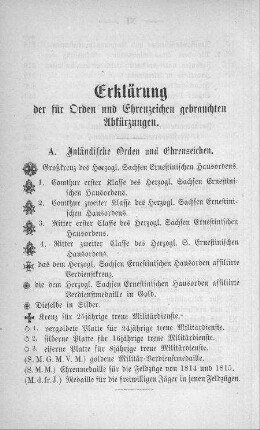 Erklärung der für Orden und Ehrenzeichen gebrauchten Abkürzungen