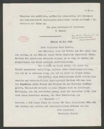 Briefabschrift an Paul Bekker : 14.05.1920