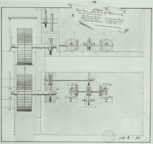 Dresden, Projekt für die Pulvermühle : Dresden, Projekt Pulvermühle, Wasserradantrieb, Grundriss und Schnitt der Mühlräder, lavierte Federzeichnung, 1754