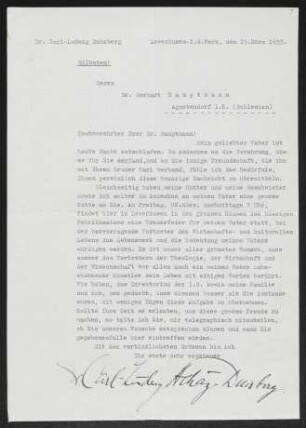 Brief von Carl-Ludwig Duisberg an Gerhart Hauptmann