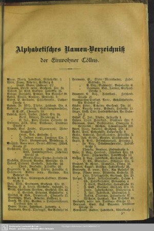 Einwohnerverzeichnis : Alphabetisches Namen-Verzeichnis der Einwohner Cöllns