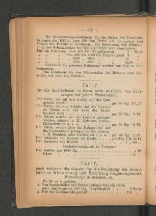 Tarif, nach welchem die Abgabe für die Benützung der Schutzhäfen zu Wittenberg und Mühlberg (Regierungsbezirk Merseburg) zu erheben ist.