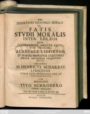 Dissertatio Historico-Moralis De Fatis Stvdii Moralis Inter Ebræos