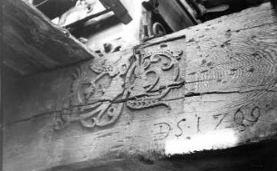 Treuenbrietzen-Lobbese. Bockmühle, Inneres, Balken mit Relief und Jahreszahl 1769