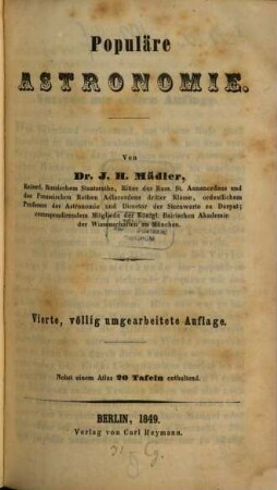 Populäre Astronomie : nebst einem Atlas 23 Tafeln enthaltend