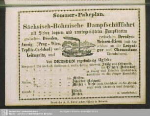 Sommer-Fahrplan. Sächisch-Böhmische Dampfschifffahrt