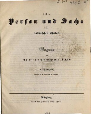 Ueber Person und Sache in der lateinischen Syntax : Programm zum Schlusse des Studienjahres 1848/49