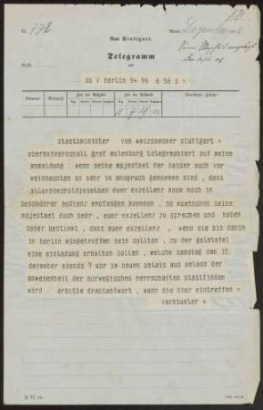 Reise Weizsäckers nach Berlin (Dez. 1906)