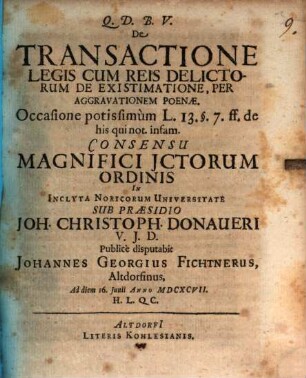 De Transactione Legis Cum Reis Delictorum De Existimatione, Per Aggravationem Poenae : Occasione potissimum L. 13. §. 7. ff. de his qui not. infam.