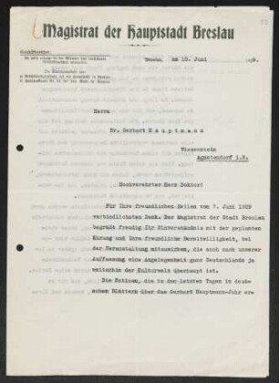 Brief von Gustav Leißner von Magistrat der Stadt  an Gerhart Hauptmann