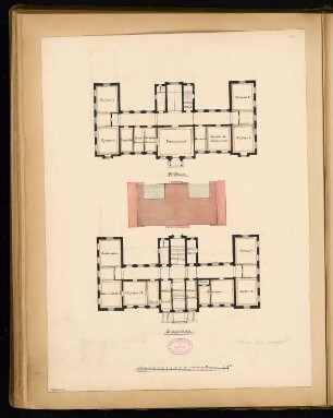 Rathaus, Calau Monatskonkurrenz März 1879: Grundriss Erdgeschoss, Obergeschoss, Flächenskizze; Maßstabsleiste