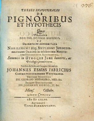 Theses Inaugurales De Pignoribus Et Hypothecis