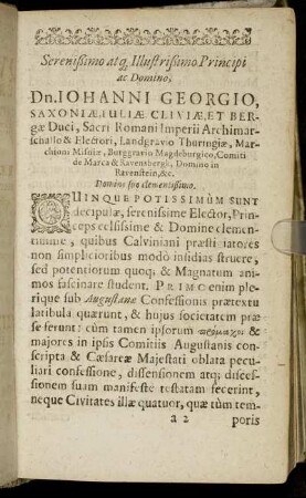 Serenissimo atg[ue] Illustrissimo Principi ac Domino, Dn. Johanni Georgio, Saxoniæ, Iuliæ Cliviæ, Et Bergæ Duci [...]