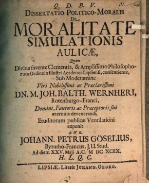 Dissertatio Politico-Moralis De Moralitate Simulationis Aulicae
