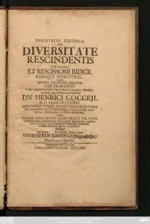 Disputatio Iuridica, De Diversitate Rescindentis (ut vocant) Et Rescissorii Iudicii, Eiusque Effectibus