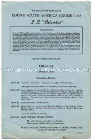 Ausflugsprogramm von der Südamerika-Rundreise auf der "Columbus" für den Aufenthalt in Uruguay (englisch) - Nachlass