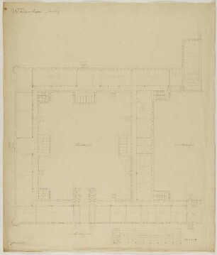 Waisenhaus, Hamburg. Wettbewerbsentwurf Kernkomplex. Grundriss Parterre. Linke Hälfte mit Knaben- und Mitteltrakt