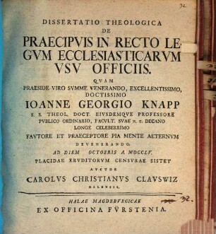 Diss. theol. de praecipuis in recto legum ecclesiasticarum usu officiis
