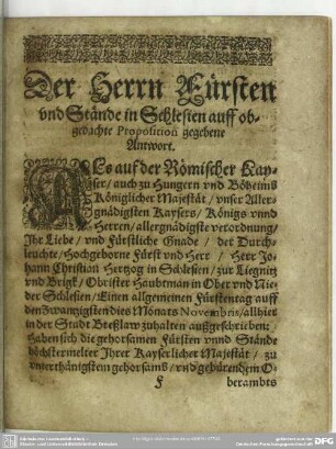 Der Herrn Fürsten und Stände in Schlesien auff obgedachte Proposition gegebene Antwort