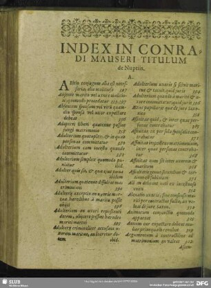 Index In Conradi Mauseri Titulum de Nuptiis