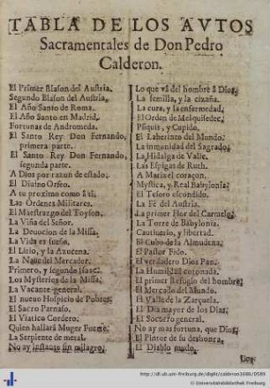 Tabla de los autos sacramentales Don Pedro Calderon.