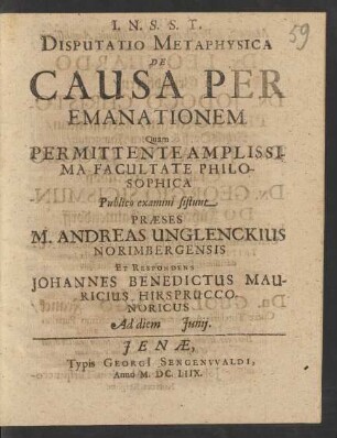Disputatio Metaphysica De Causa Per Emanationem