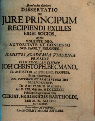 Dissertatio De Jure Principum Recipiendi Exules Fidei Socios