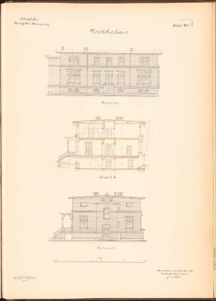 Landgestüt, Braunsberg: Vorsteherhaus: Westansicht, Schnitt, Nordansicht 1:100