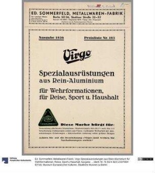 Virgo Spezialausrüstungen aus Rein-Alluminium für Wehrformationen, Reise, Sport u.Haushalt. Ausgabe 1936 Preisliste Nr. 165.