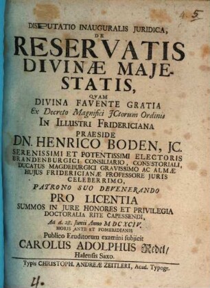 Disp. inaug. iur. de reservatis divinae maiestatis