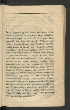 [Freymüthige Bemerkungen über Herrn Dr. Siemers Schrift.]