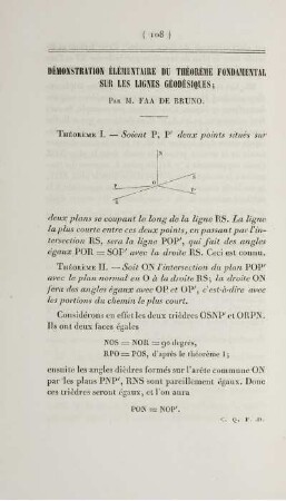 Démonstration élémentaire du théorème fondamental sur les lignes géodésiques.