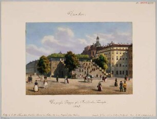 Die Treppe zur Brühlschen Terrasse in Dresden, Blick vom Schlossplatz auf das Fürstenbergische Haus (Finanzhaus) und das Palais Brühl (um 1900 für das Ständehaus abgerissen)