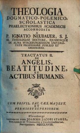 Theologia Dogmatico-Polemico-Scholastica. Tractatio 2,[2], De angelis, beatitudine et actibus humanis