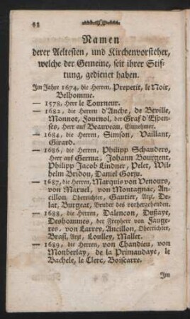 Namen derer Aeltesten, und Kirchenvorsteher, welche der Gemeine, seit ihrer Stiftung, gedienet haben.