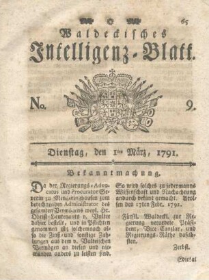 No. 9, Dienstag, den 1ten März, 1791