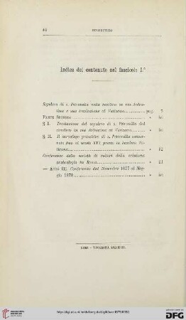 Indice del contenuto nel fascicolo I°