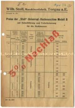 Preisliste über Universal-Hackmaschinen Modell B