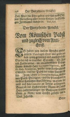 Der Vierzehende Artickel, Vom Römischen Pabst und zugleich vom Antichrist.
