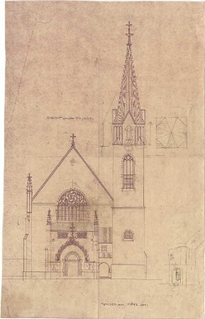 Heilmann & Littmann; München - Neuhausen, Dom- Pedro- Platz; Christuskirche und Pfarrhaus - Westseite (Ansicht)
