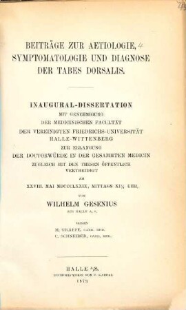 Beiträge zur Aetiologie, Symptomatologie und Diagnose der Tabes dorsalis