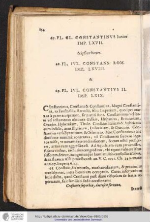 67. Fl. Cl. Constanzinus Iunior Imp. LXVII. & ipsius fratres 68. Fl. Iul. Constans. Rom. Omp. LXVIII. & 69. Fl. Iul. Constantius II. Imp. LXIX.