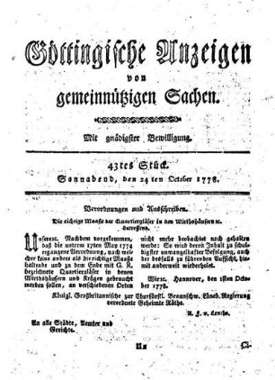 43tes Stück. Sonnabend, den 24ten October 1778.