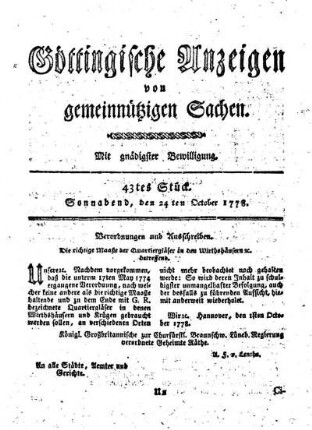 43tes Stück. Sonnabend, den 24ten October 1778.