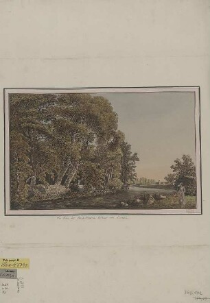 Ansicht des Reisewitzischen Gartens an der Weisseritz bei Dresden-Plauen, Handzeichnung, um 1790 : Ein Theil des Reisewitzischen Gartens / Klengel. - [S.l.] , [um 1790]. - 1 Kunstbl. : kolor. Handzeichg. ; 33 x 21 cm