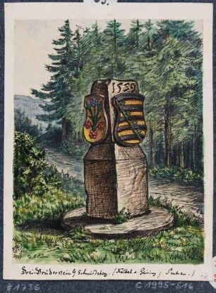Der Drei-Brüder-Stein im Schmiedeberger Forst, links das Wappen Kölbel von Geising, rechts die Jahreszahl 1529 und das sächsische Wappen