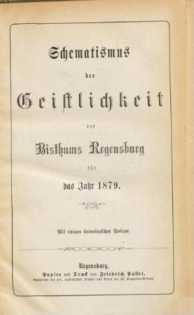 Schematismus des Bistums Regensburg. 1879, 1879